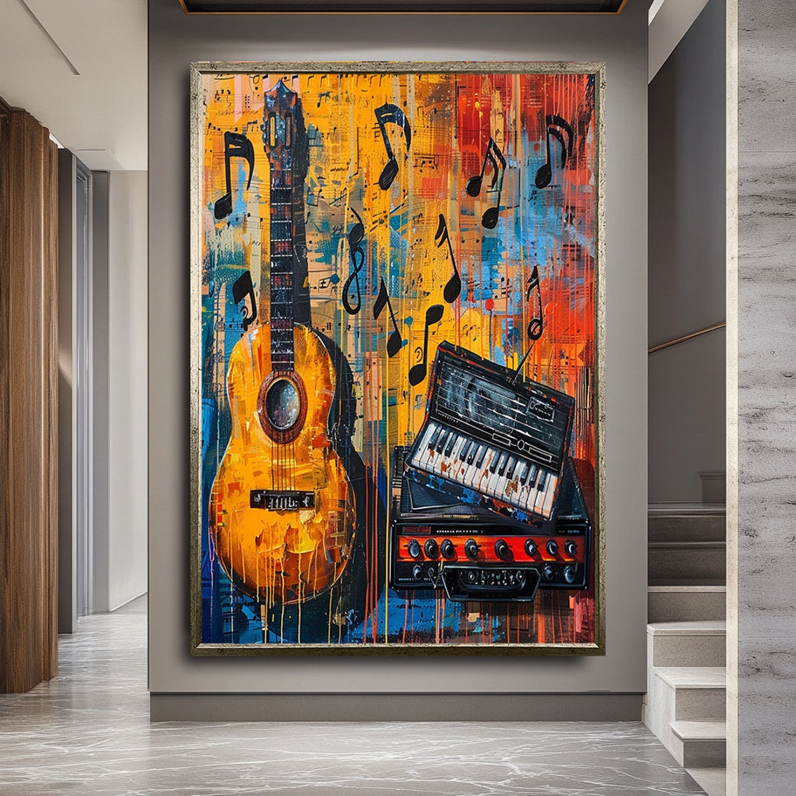 Orange Guitar And Keyboard On Vibrant Graffiti Music Notes Wall Art - Image 2