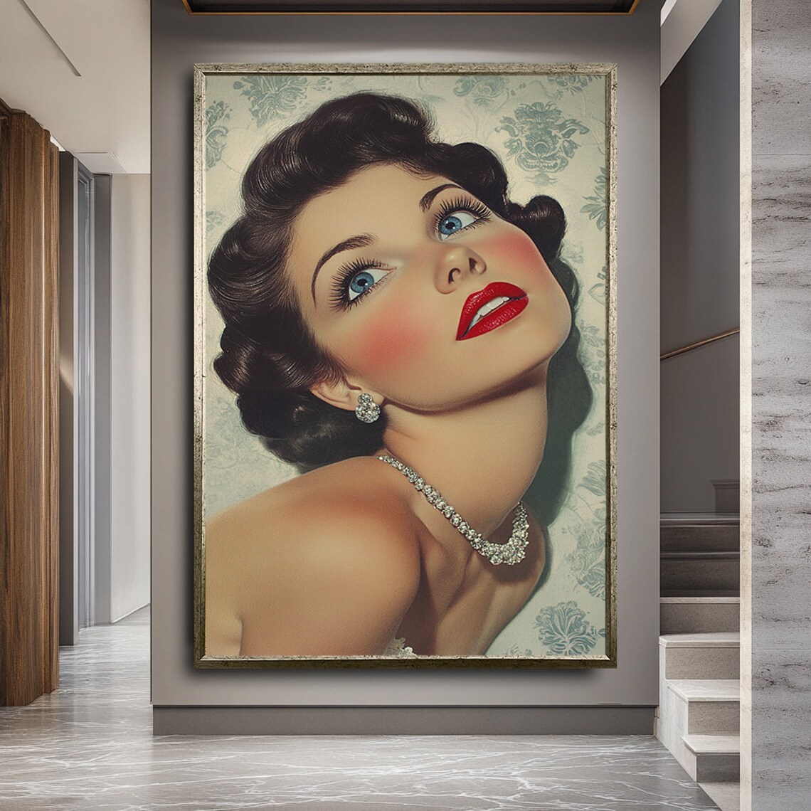 Retro Glamour Portrait Blue Eyed Woman Red Lips Diamond Jewelry Wall Poster - Image 2