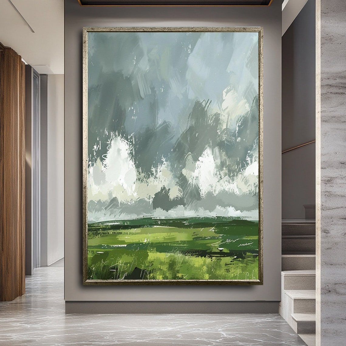 Impressionist Green Meadow Field Dramatic Sky Painterly Art Poster - Image 2
