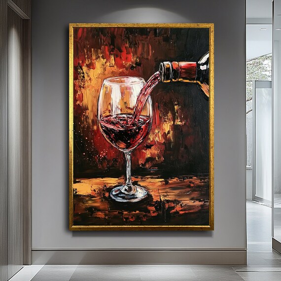Red Wine Pouring From Bottle Into Glass Abstract Oil Painting Wall Art Poster