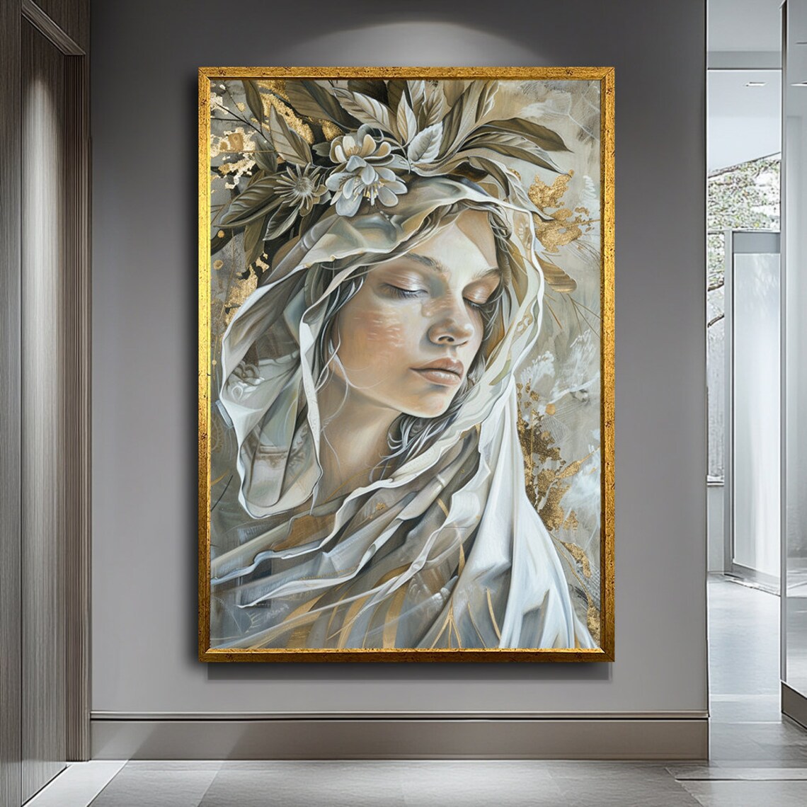 Veiled Beauty Ethereal Woman Portrait With Golden Floral Crown Wall Art