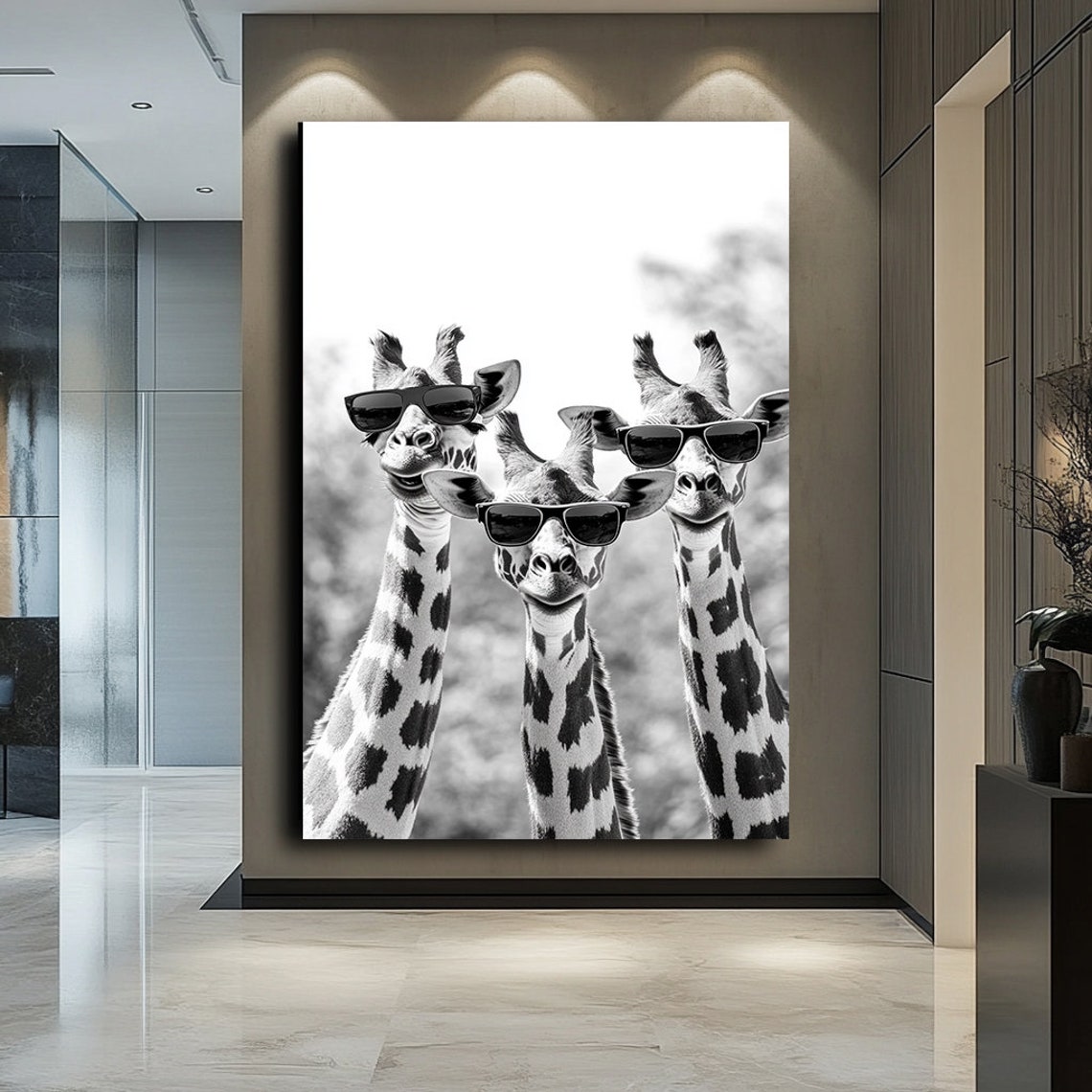 Three Giraffes Wearing Sunglasses Cool Black White Animal Poster