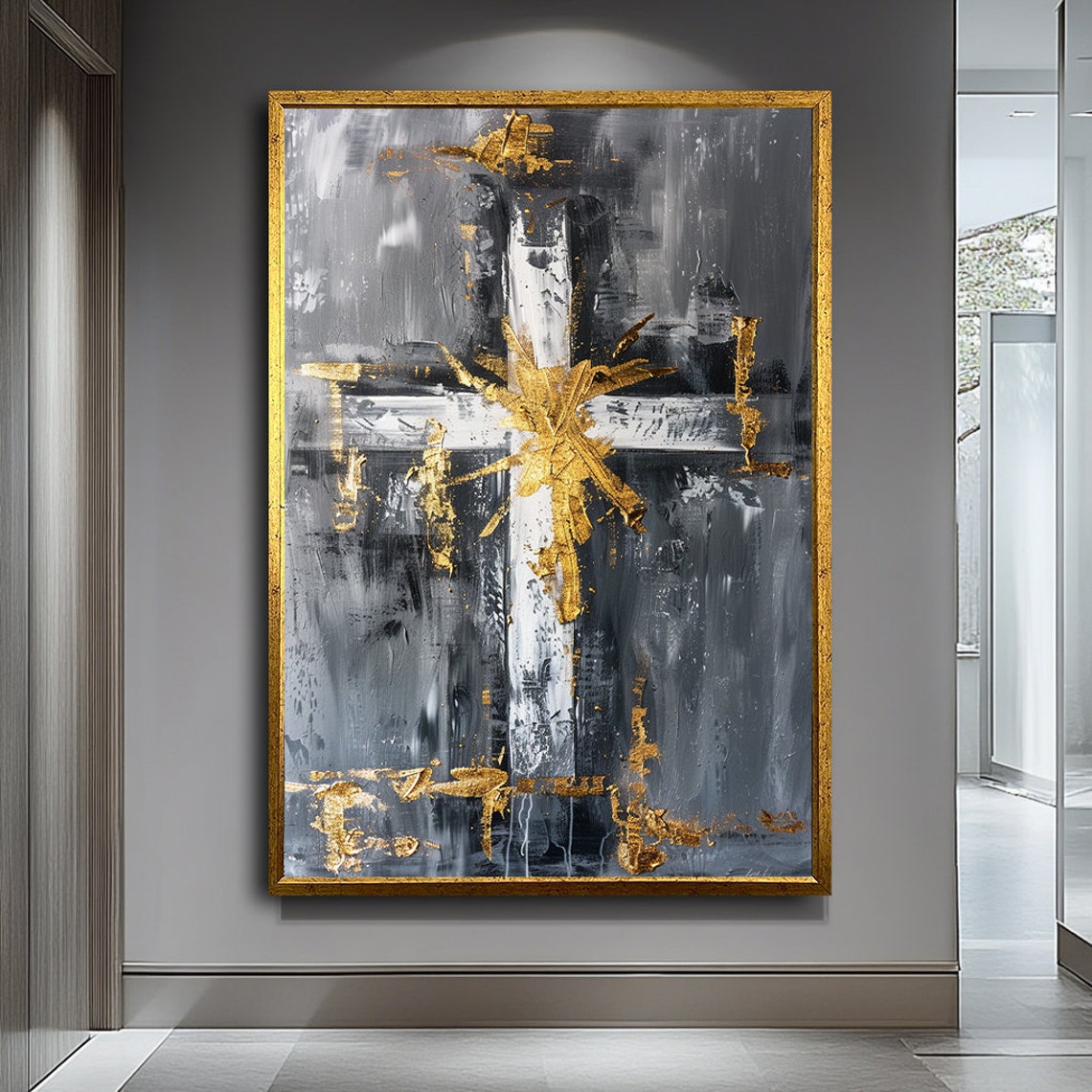 Gold Cross Grey Black Abstract Faith Religious Wall Art Poster - Image 4
