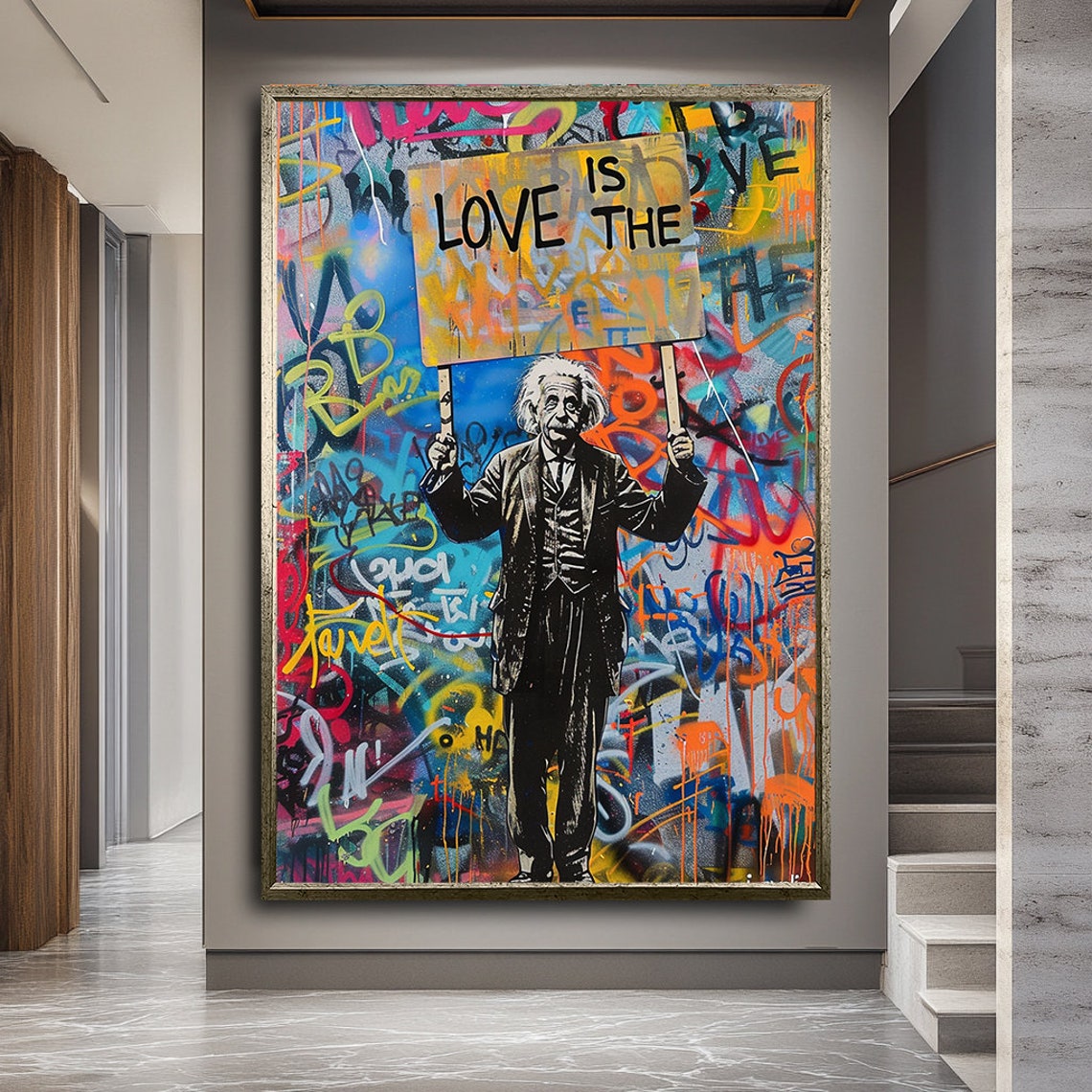 Albert Einstein Holding Love Is The Sign Graffiti Street Art Poster - Image 2