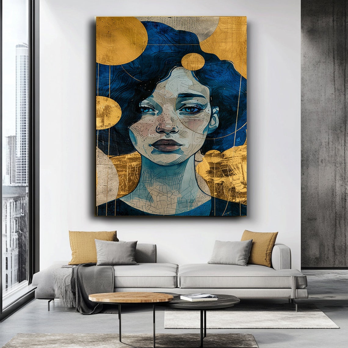 Klimt Style Woman Blue Gold Circles Decorative Portrait Poster - Image 3