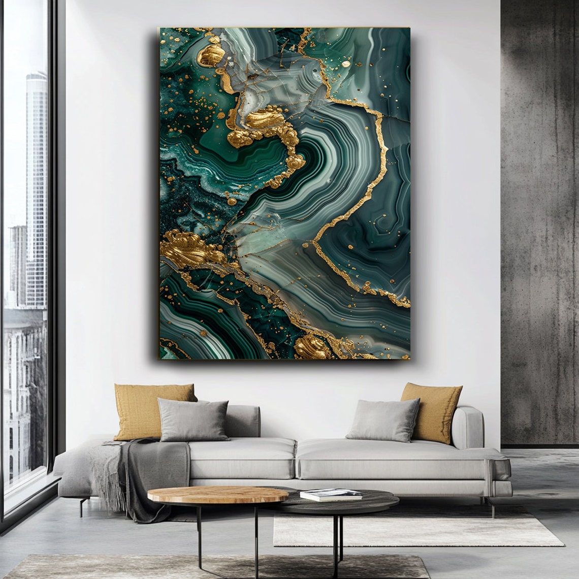 Deep Dark Teal Emerald Marble Gold Veins Abstract Luxury Poster - Image 3