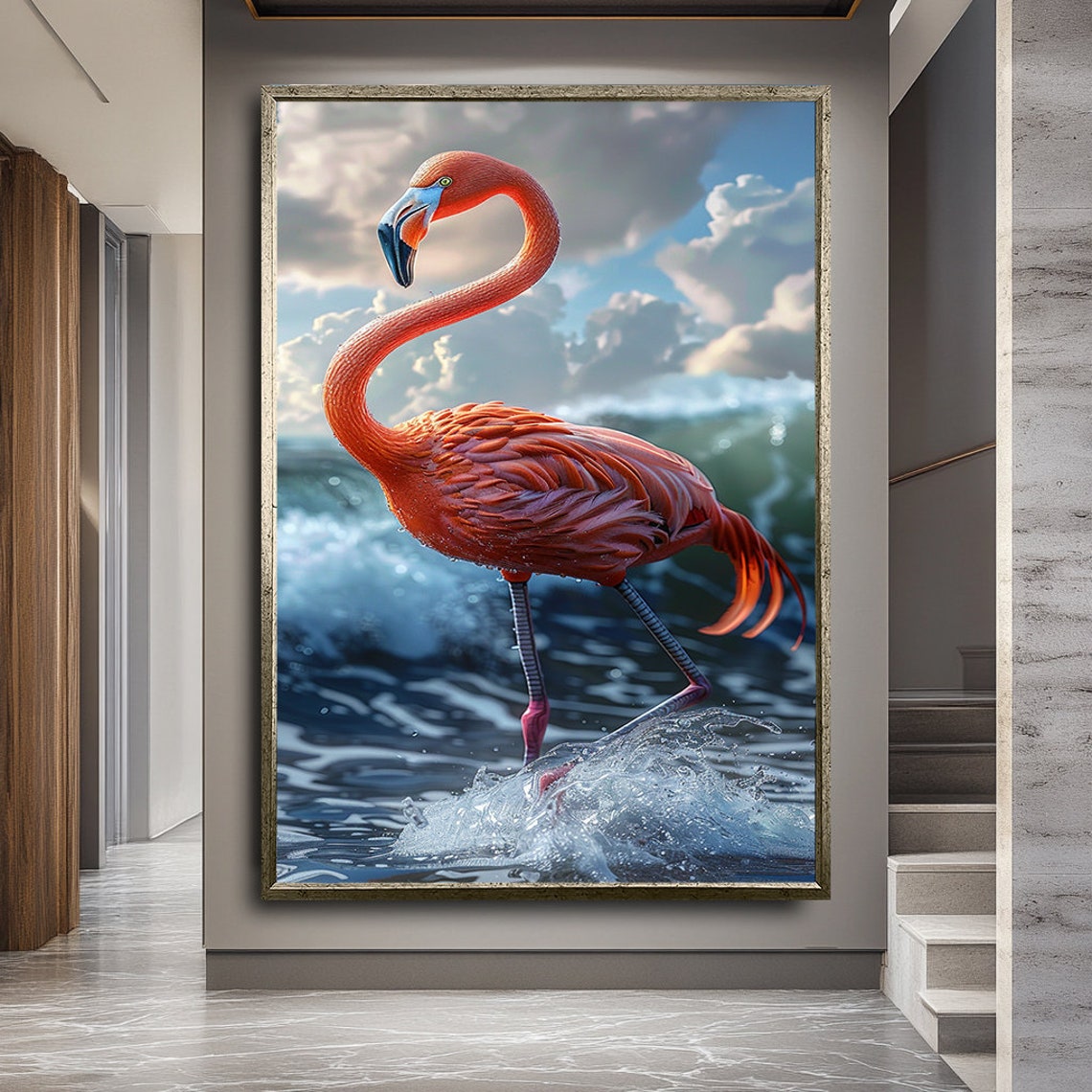 Pink Flamingo Standing Ocean Wave Splash Tropical Bird Poster - Image 2