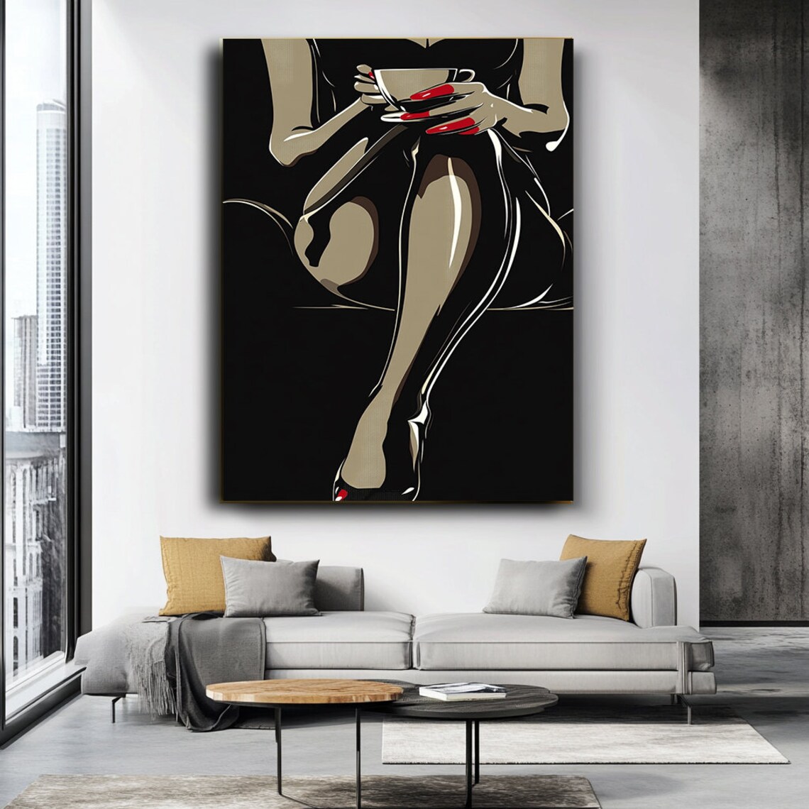 Fashion Illustration Woman Black Dress Coffee Cup Red Nails Elegant Wall Poster - Image 3
