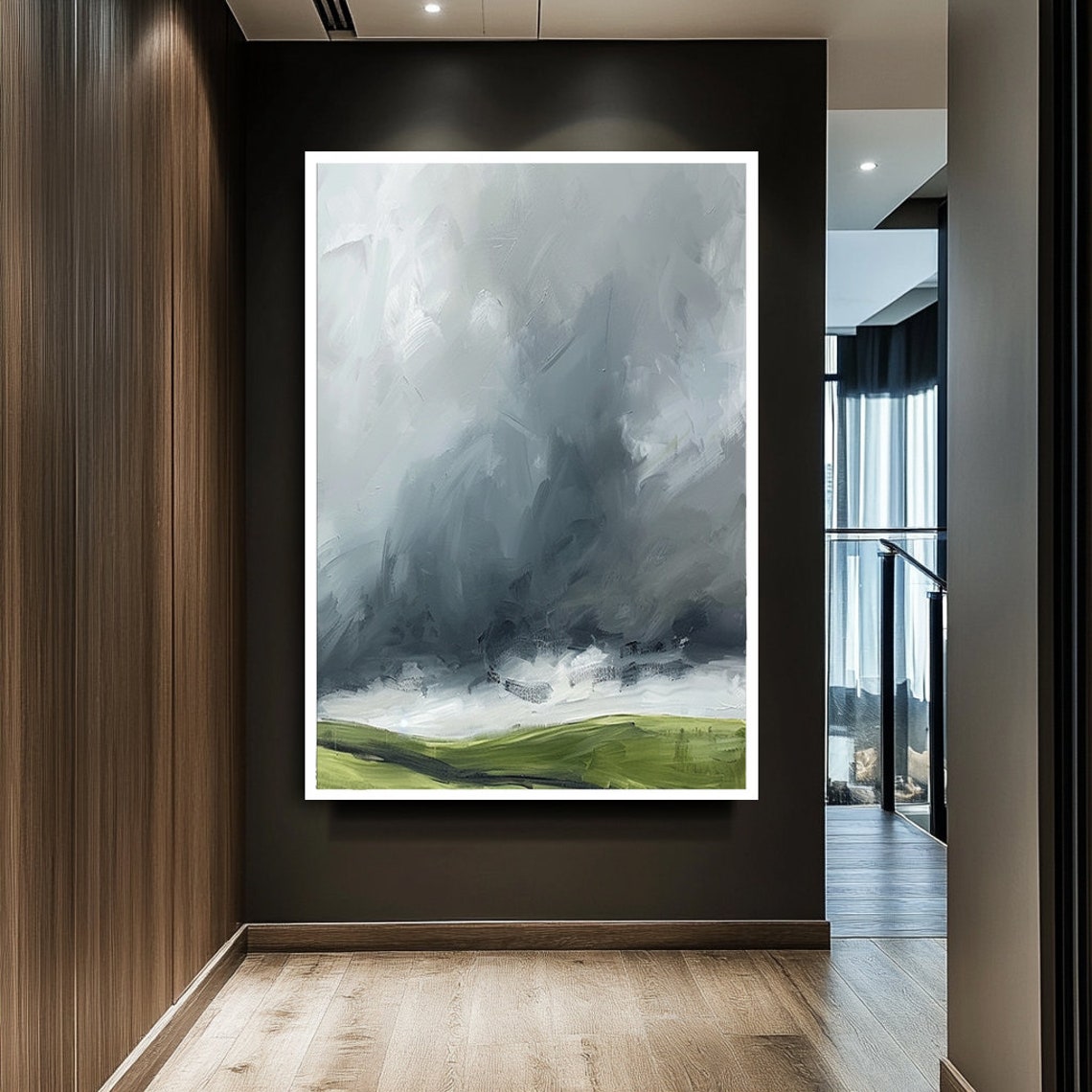 Moody Cloudy Sky Green Hills Loose Landscape Painting Poster - Image 2