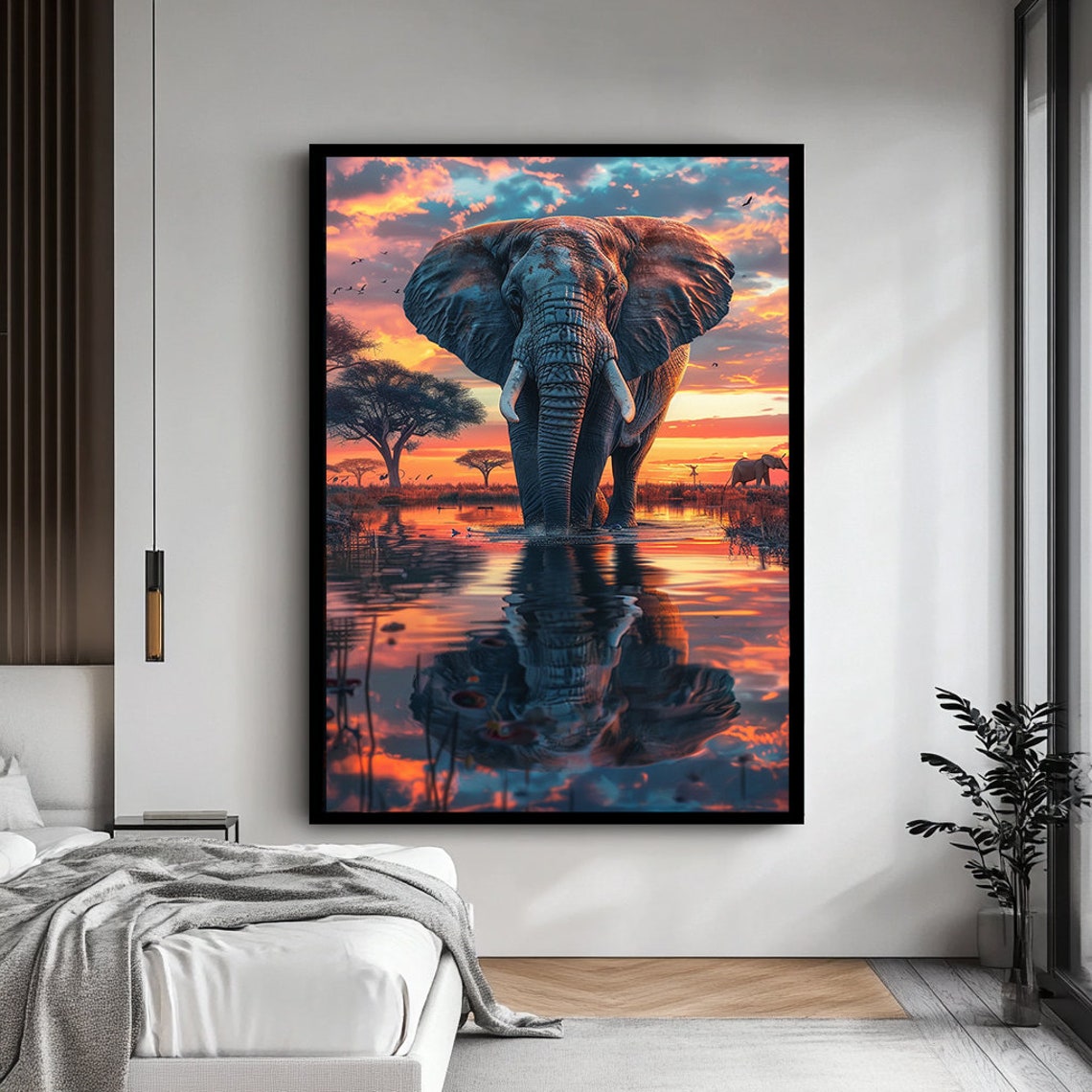 Elephant Sunset Waterhole Reflection Dramatic African Safari Poster - Image 4