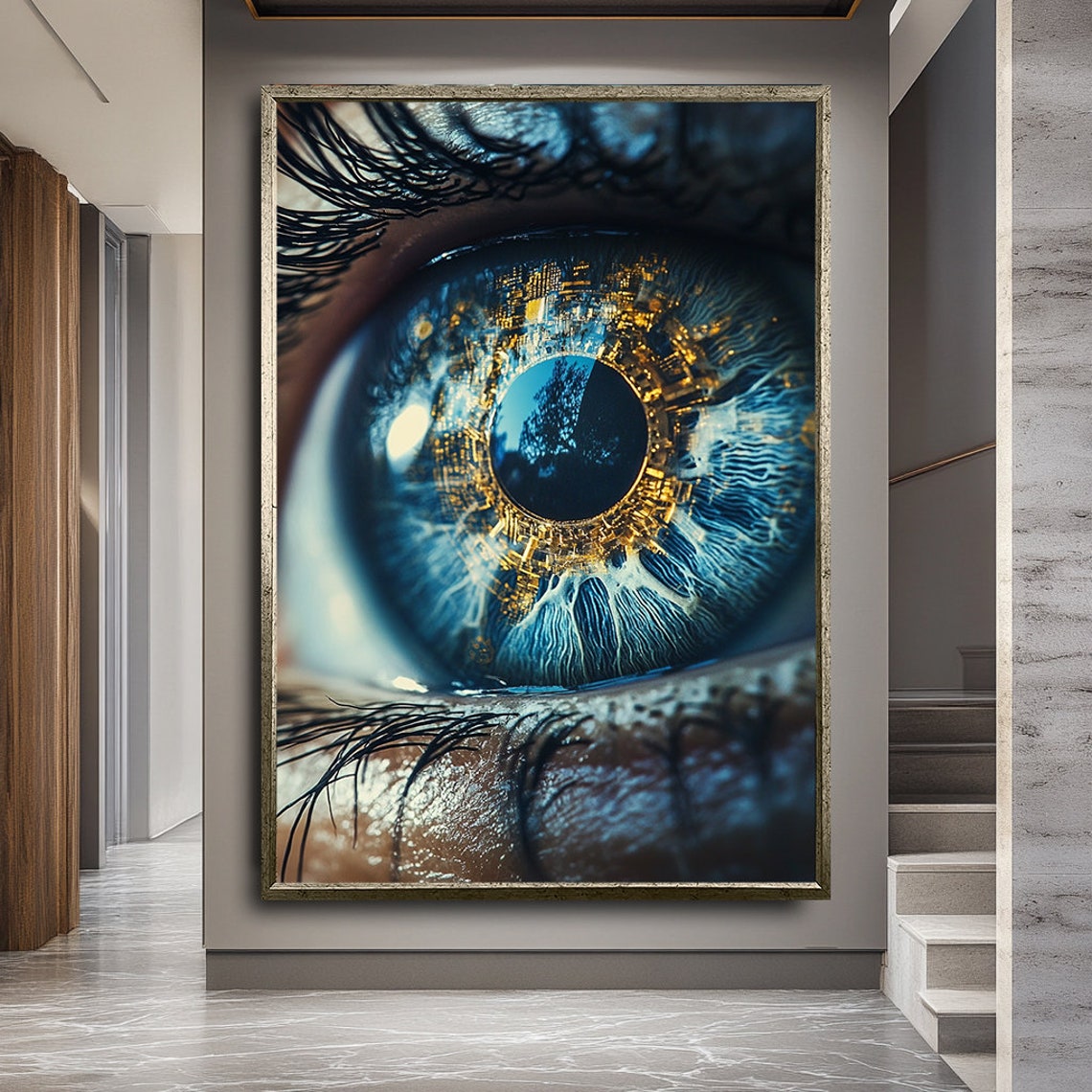 Surreal Blue Eye Macro Golden Circuit Iris Close Up Photography Poster - Image 2