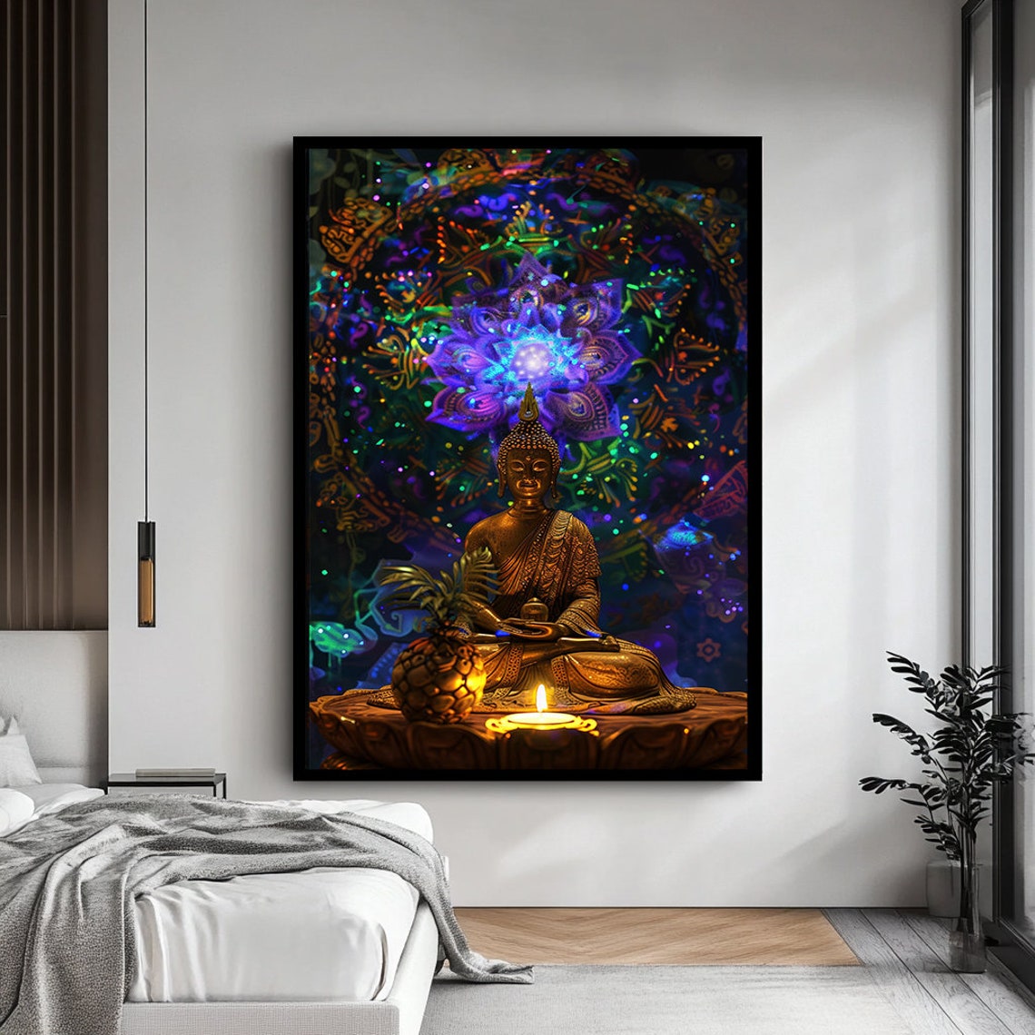 Golden Buddha Meditating Before Glowing Purple Mandala Zen Art Poster