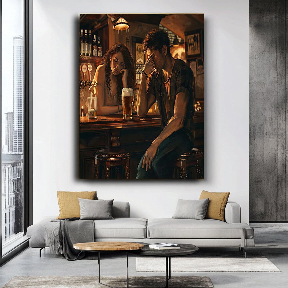 Couple At Bar With Beers Moody Cinematic Evening Scene Poster - Image 3