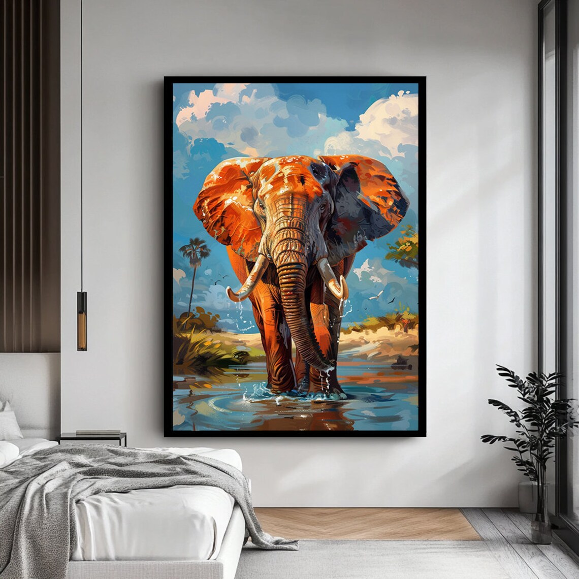 African Elephant Savanna Watering Hole Vibrant Wildlife Art Poster - Image 4
