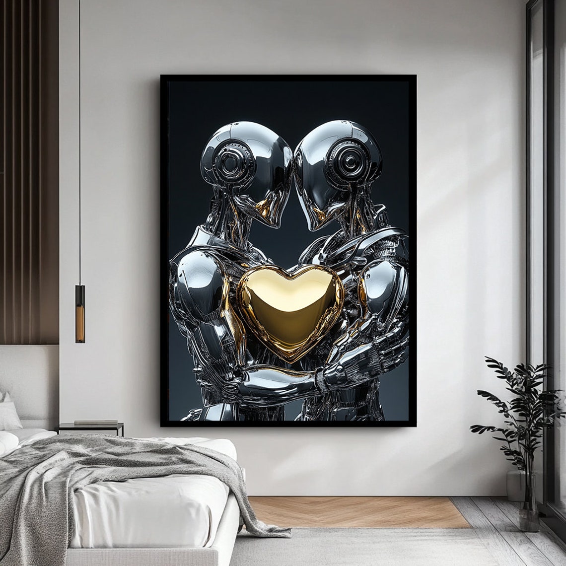 Two Chrome Robots Embracing Holding A Golden Heart Sci Fi Love Poster - Image 3