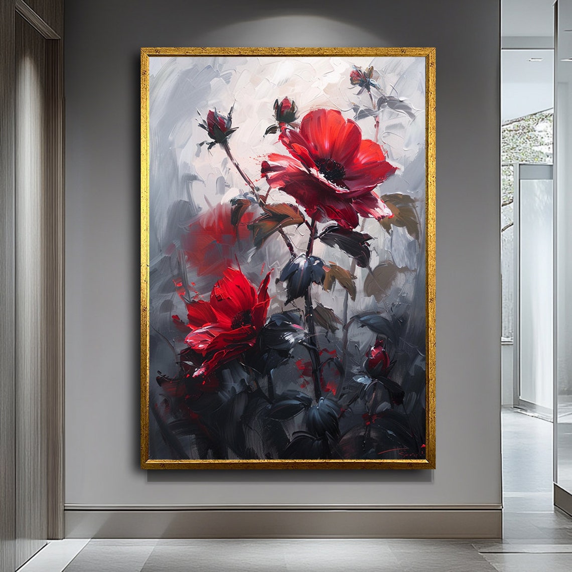 Abstract Red Flowers Oil Painting Bold Floral Impasto Poster - Image 4