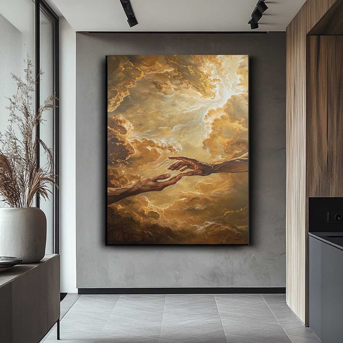 Creation of Adam Hands Reaching Golden Clouds Classical Art Poster