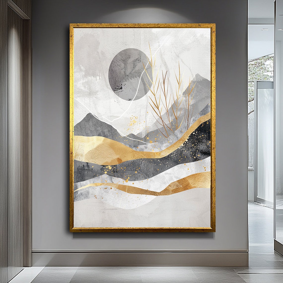 Golden Moon Over Layered Mountain Waves Abstract Landscape Wall Art