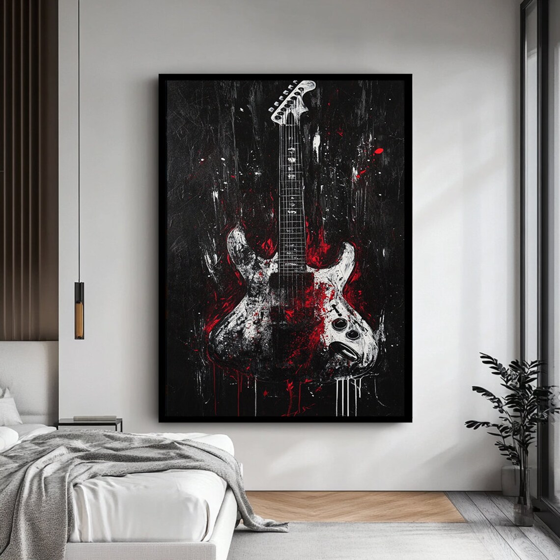 Abstract Electric Guitar White Red Splatter Black Background Music Art Poster - Image 4