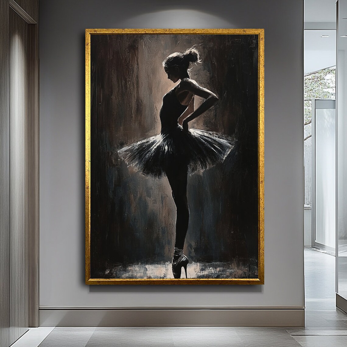 Black Ballerina Dark Tutu Moody Oil Painting Elegant Ballet Dancer Wall Poster