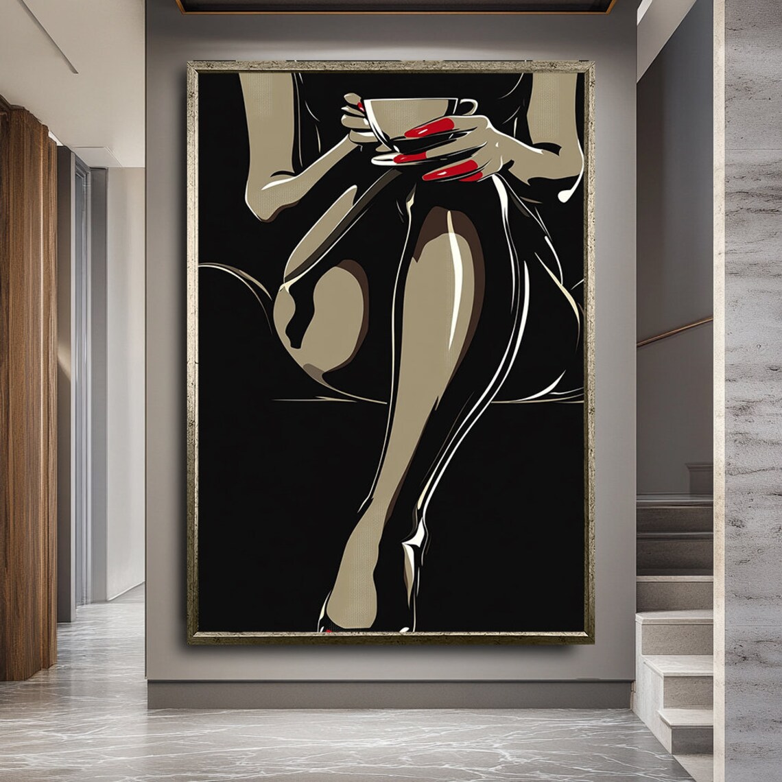 Fashion Illustration Woman Black Dress Coffee Cup Red Nails Elegant Wall Poster