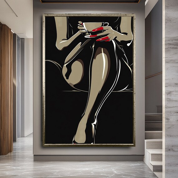 Fashion Illustration Woman Black Dress Coffee Cup Red Nails Elegant Wall Poster