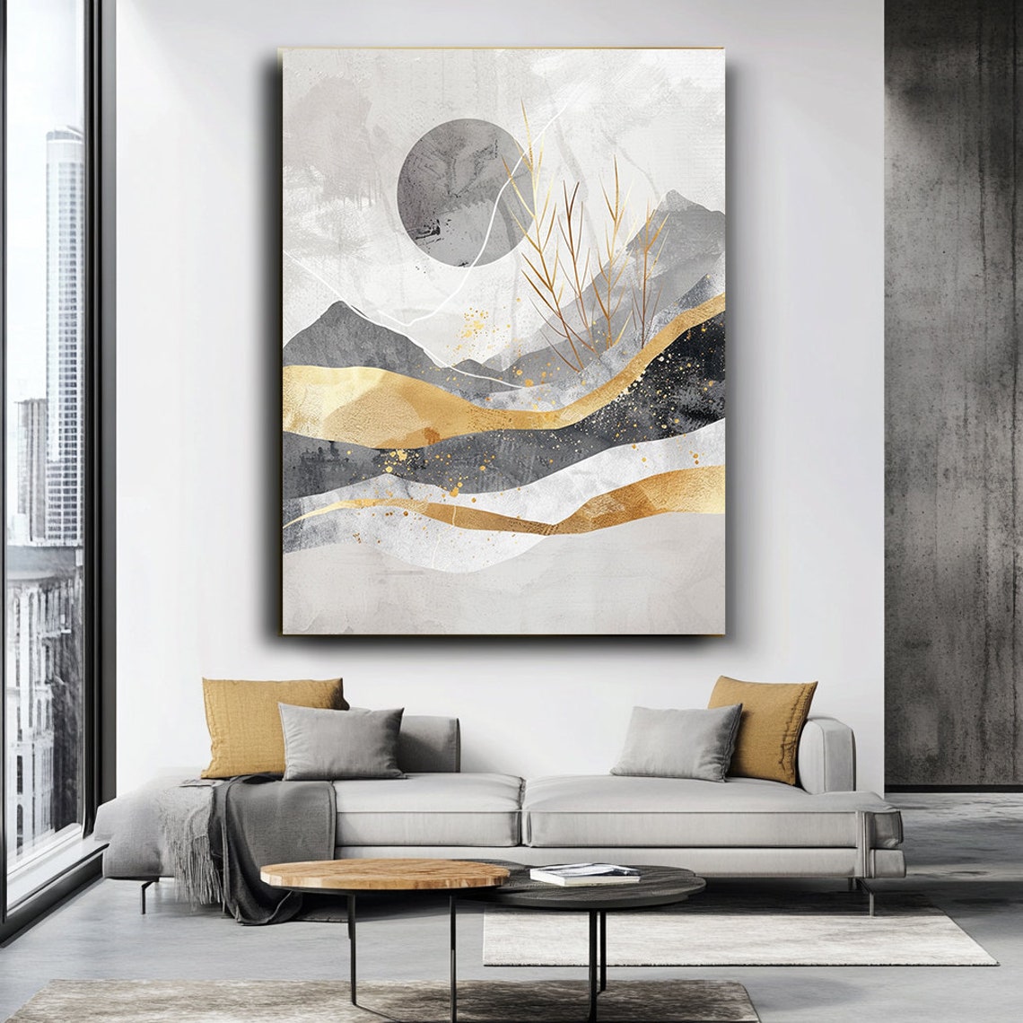 Golden Moon Over Layered Mountain Waves Abstract Landscape Wall Art - Image 2