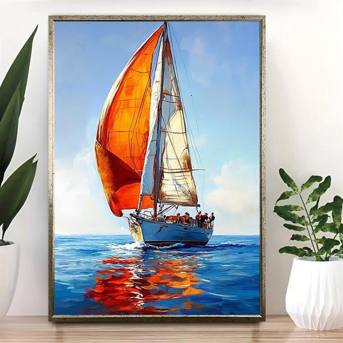 Sailing Boat Orange Sails Blue Ocean Waves Vibrant Nautical Art Poster - Image 4