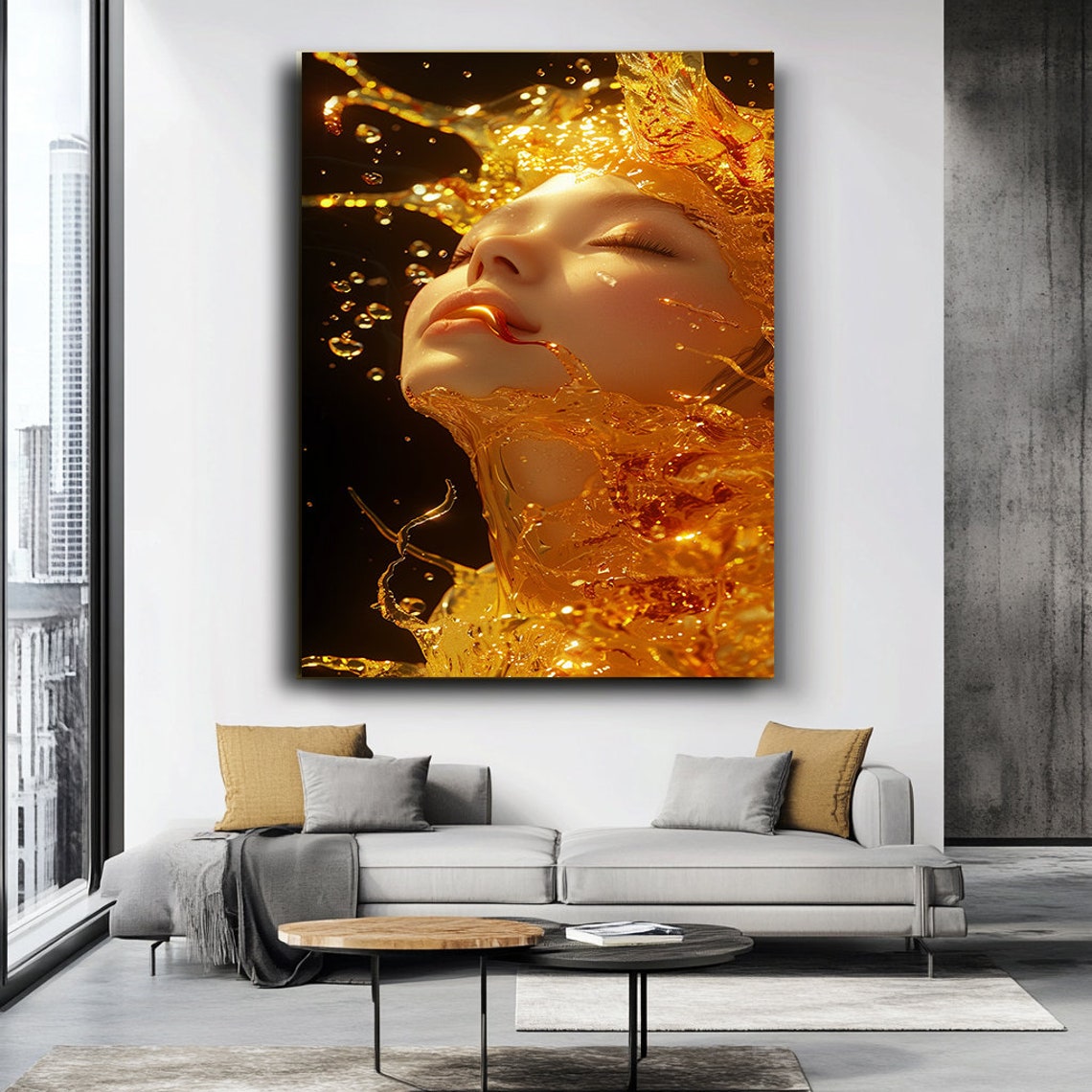 Woman Face Golden Liquid Splash Dark Background Dramatic Poster - Image 3