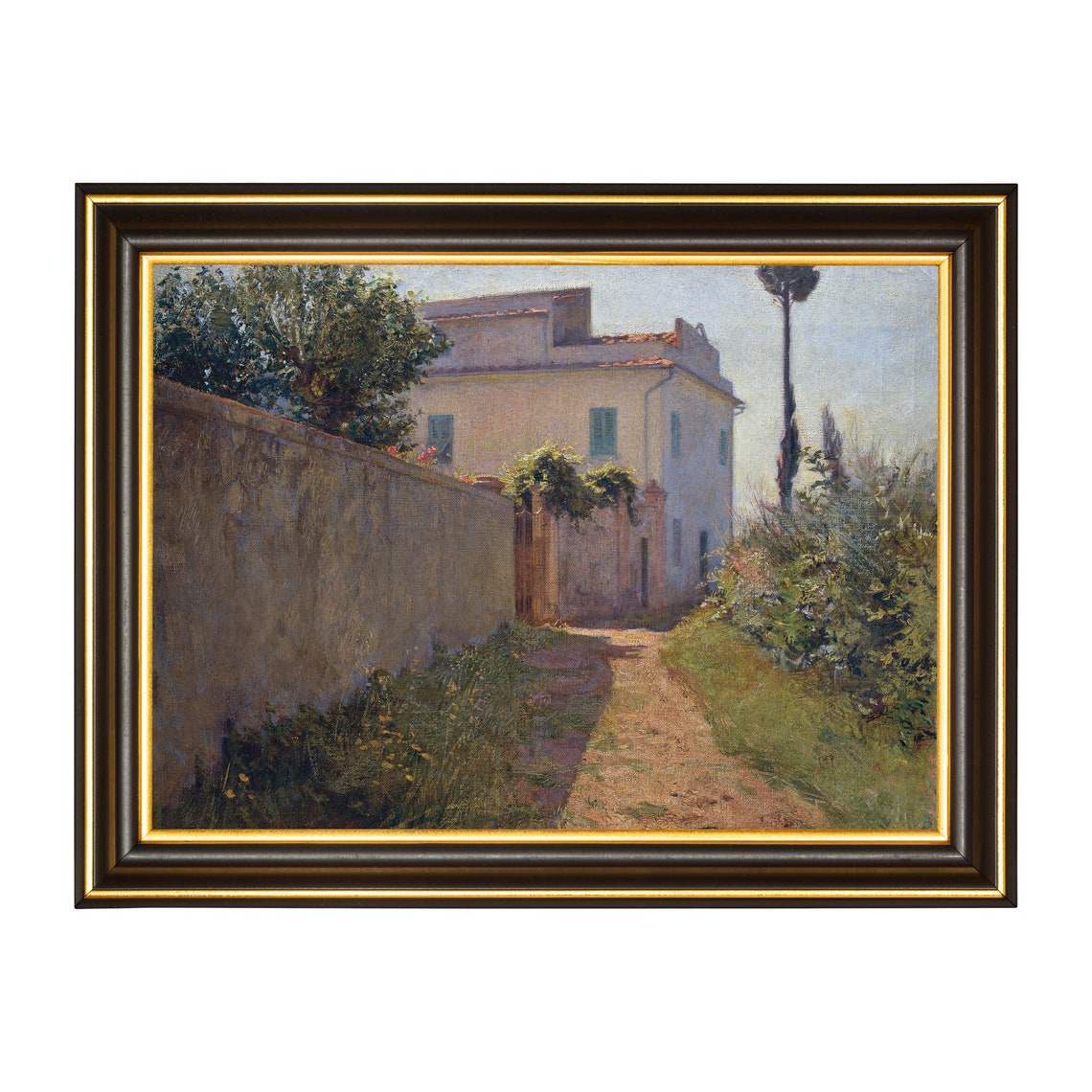 Sunlit Italian Villa Path with Stone Wall and Cypress Trees Poster - Image 3