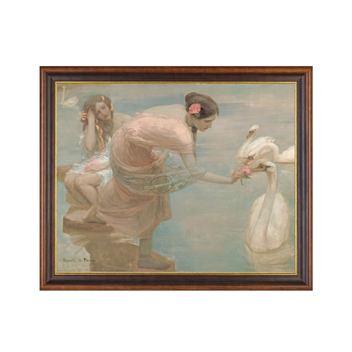 Two Classical Maidens Feeding Swans by the Waters Edge Poster