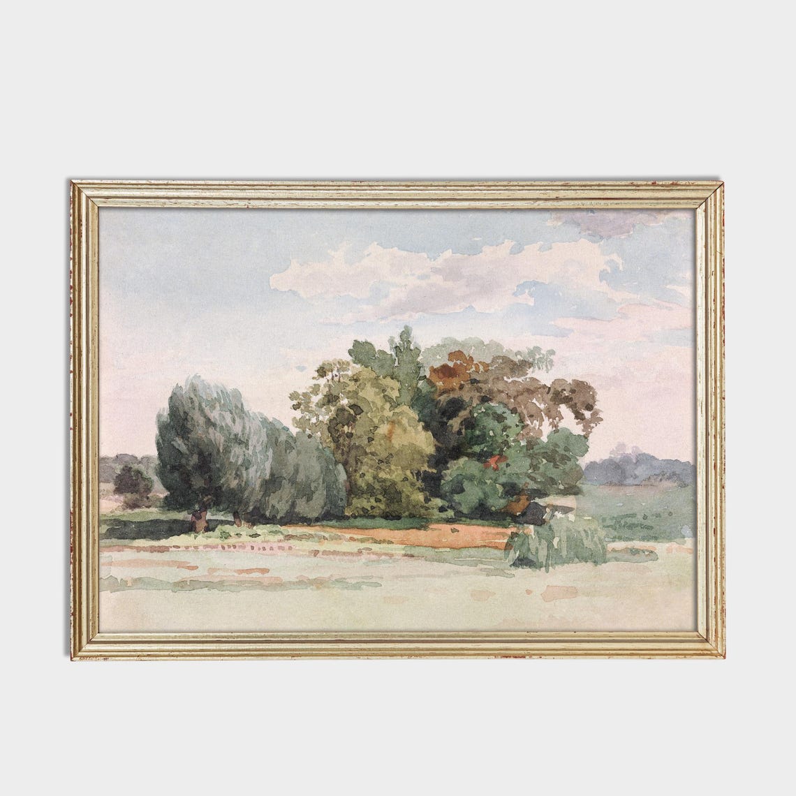 Watercolor Tree Cluster in Meadow Soft Pastel Landscape Poster - Image 3