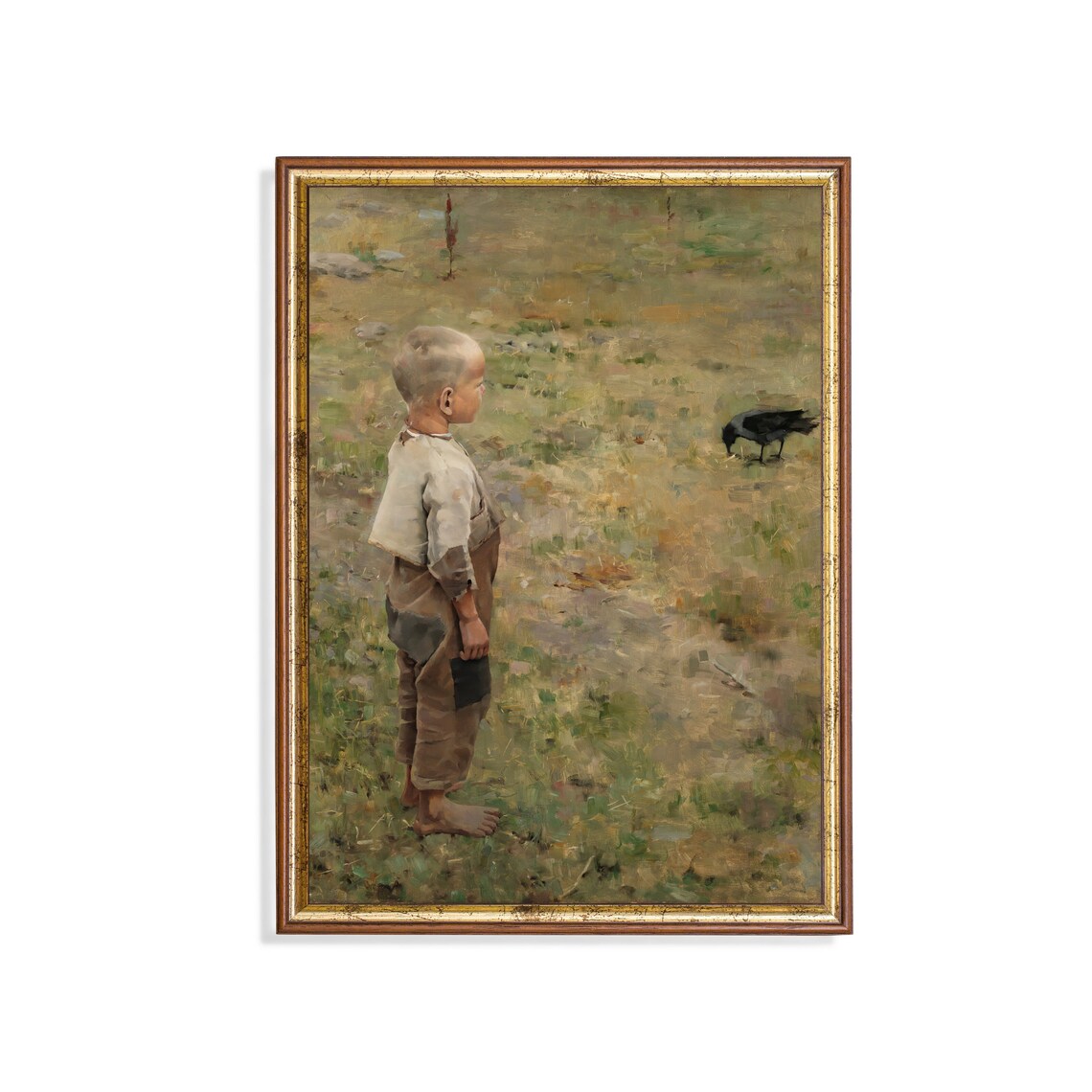 Boy With Bird Antique Portrait, Oil Painting Print