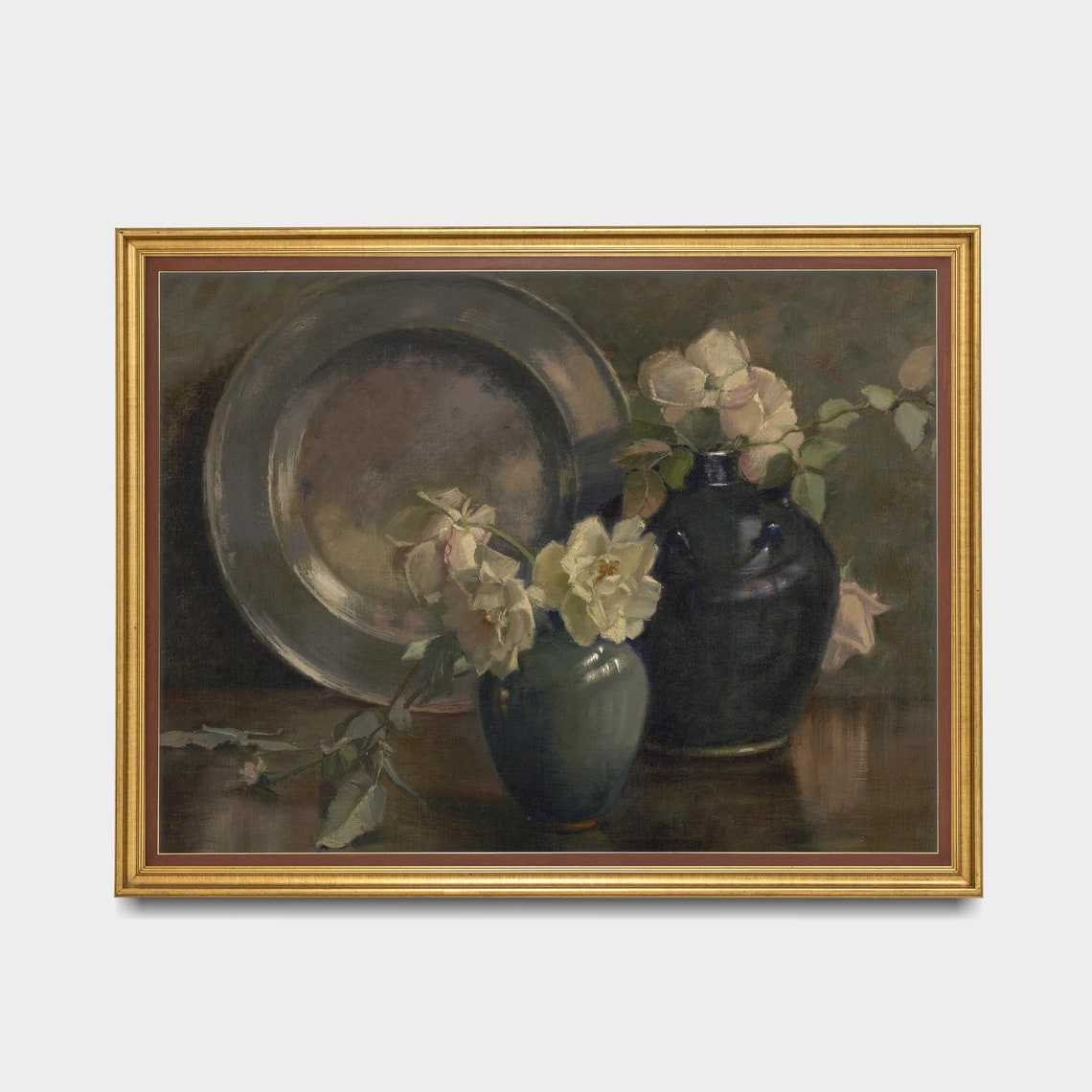 White Roses in Dark Vases with Pewter Plate Still Life Poster - Image 2