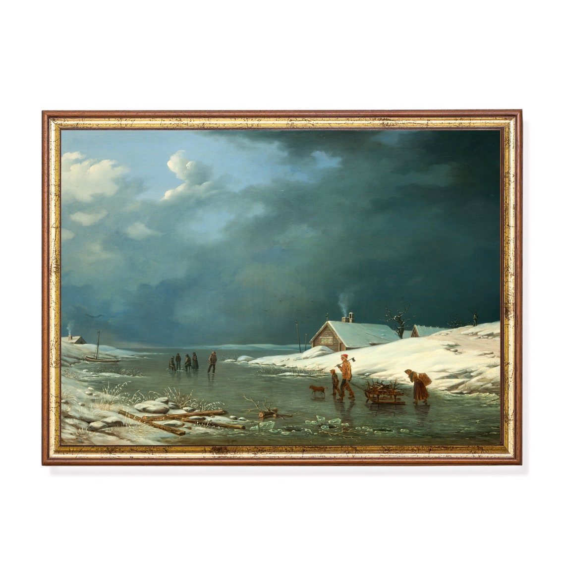 Frozen Shore Winter Scene with Skaters and Woodcutters Poster