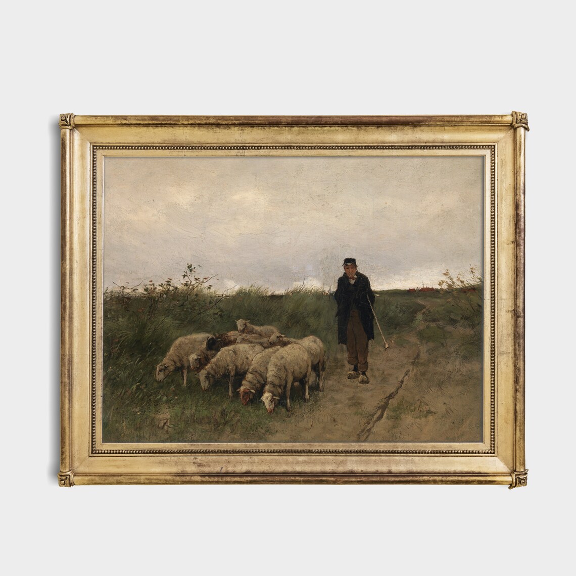 Shepherd With Flock of Sheep, Vintage Landscape Art Print - Image 2