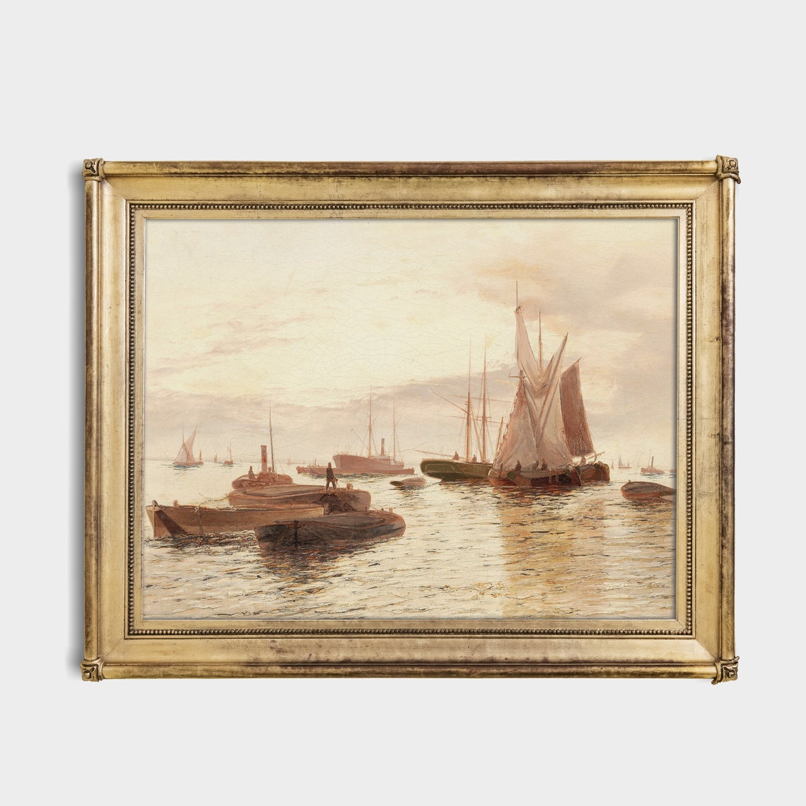 Vintage Harbor Sailing Ships Dawn Calm Water Nautical Painting Poster - Image 2