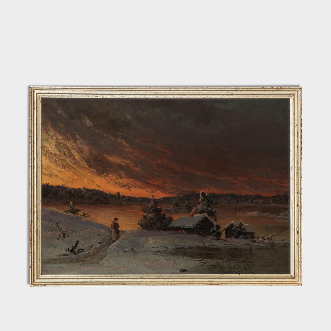 Fiery Winter Evening Sunset over a Frozen River with Cabins Poster - Image 3