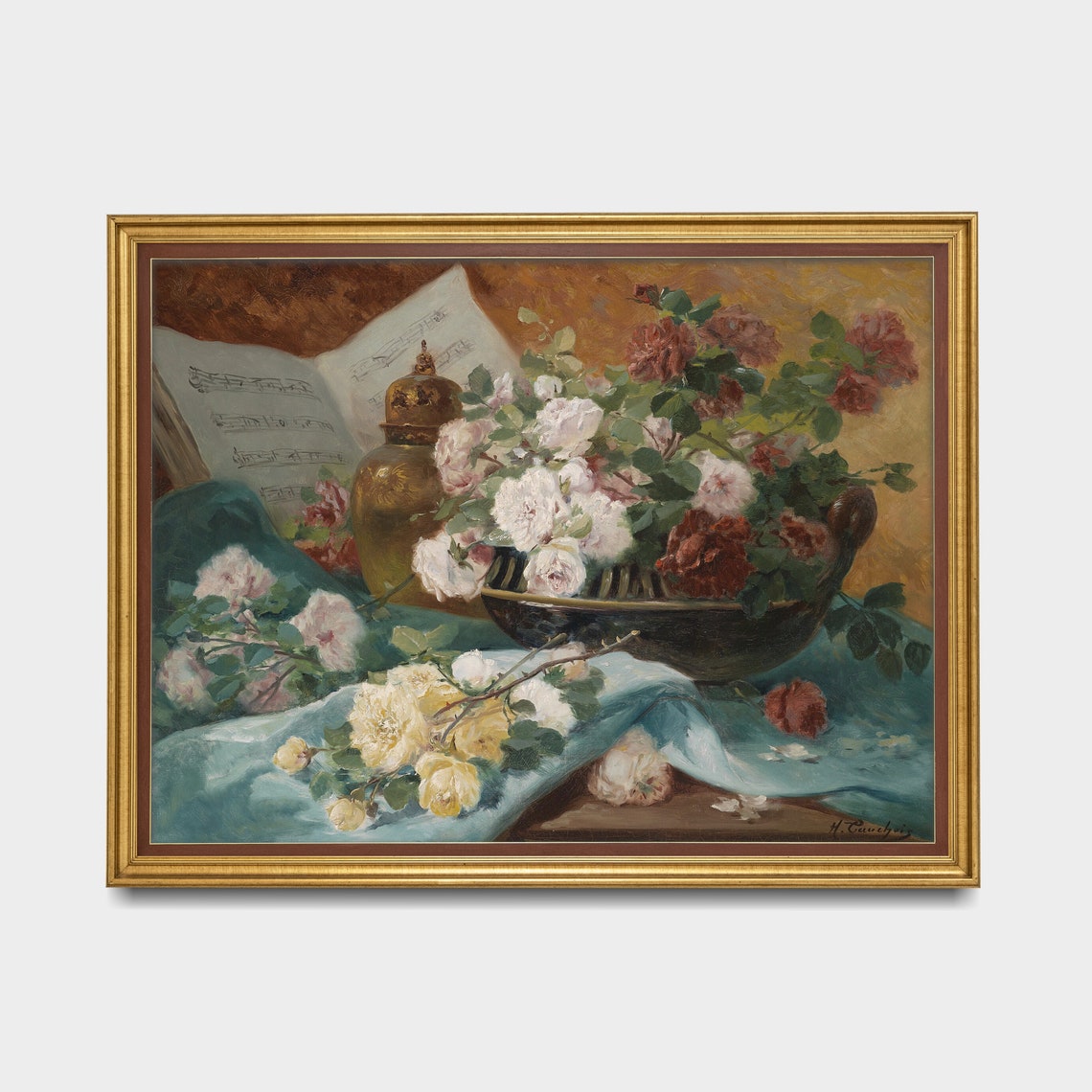 Antique Roses Still Life With Sheet Music and Brass Vase Poster - Image 5