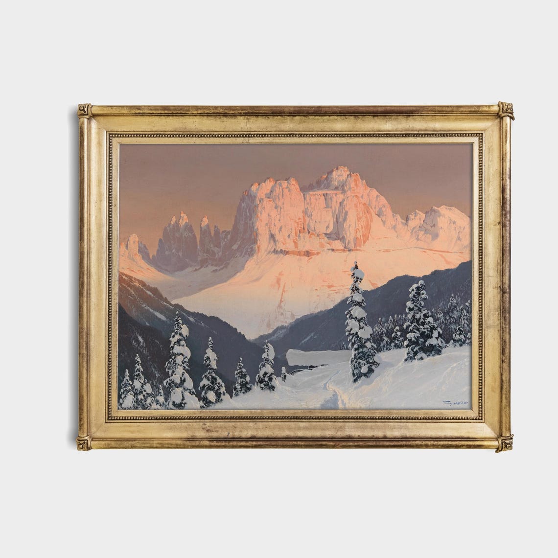 Pink Sunset Over Snowy Alpine Mountain Peaks Vintage Art Poster - Image 4