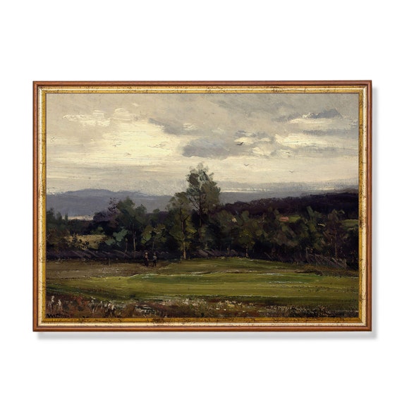 Vintage Wall Art Landscape Painting Antique Farm Field Print Rustic Moody Painting Instant Horizontal Fine Art