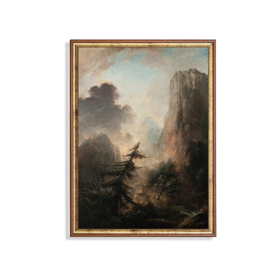 Printed And Shipped Vintage Landscape Painting Spruce Tree Print Moody Rustic Art Dark Academia Physical Prints Nature Art