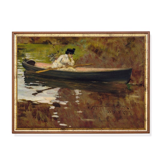 Mailed Print Vintage Portrait Painting Woman In Boat Antique Woman Portrait Print And Ship Moody Rustic Print 18th Century Art