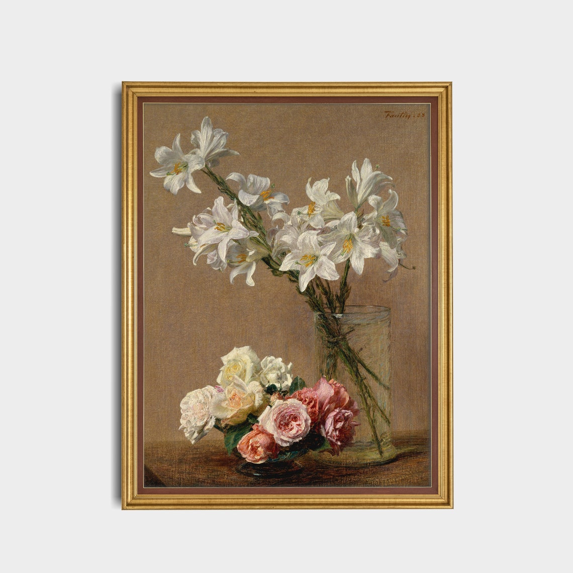 White Lilies and Roses in a Glass Vase Still Life Art Poster - Image 4