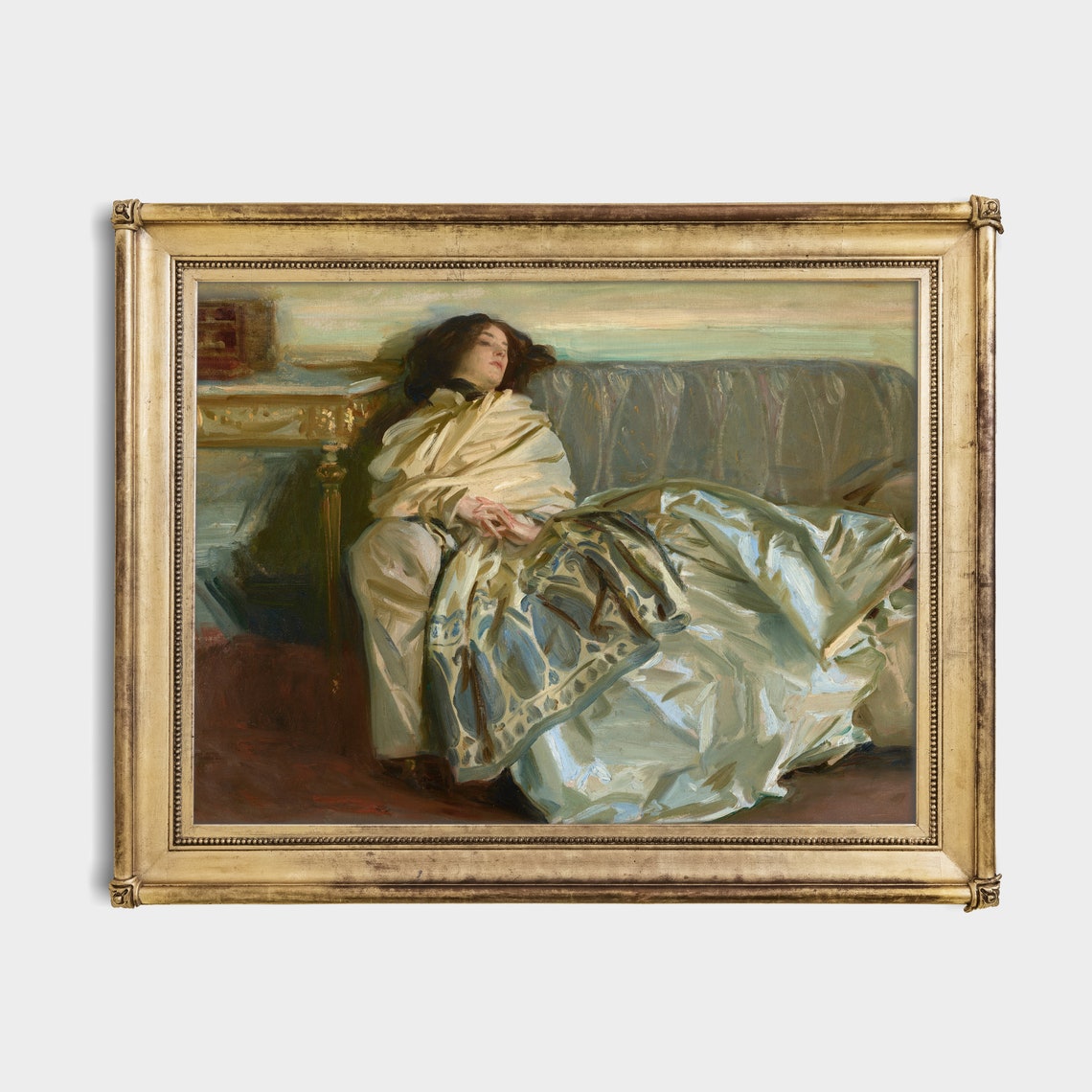 Woman Resting Asleep on a Sofa in a Flowing Silk Gown Poster - Image 2