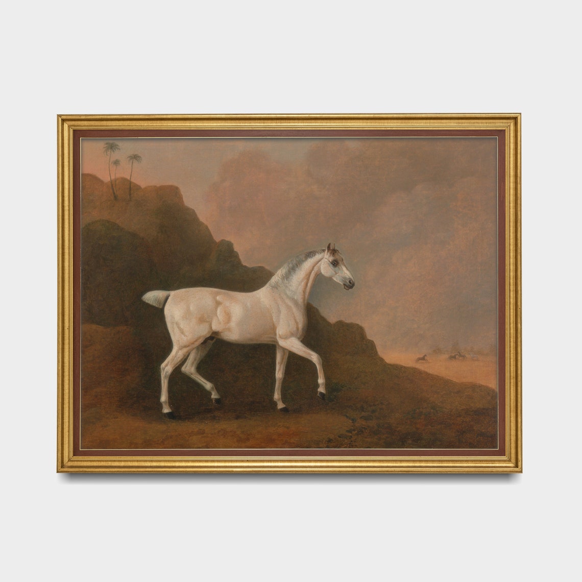 Antique White Horse Trotting Through Desert Landscape Art Poster - Image 3
