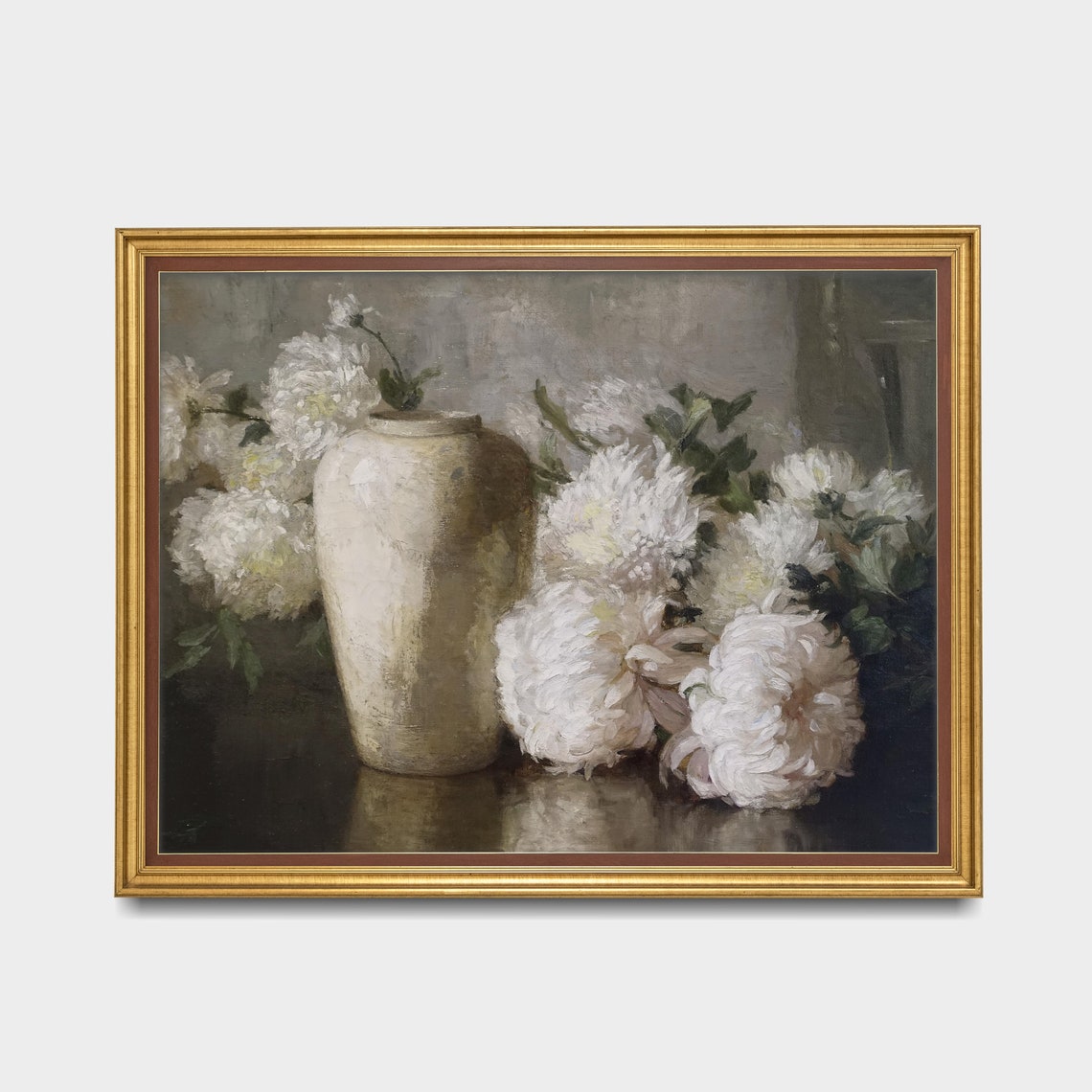 White Chrysanthemums Beside Pale Ceramic Vase Vintage Floral Poster - Image 3