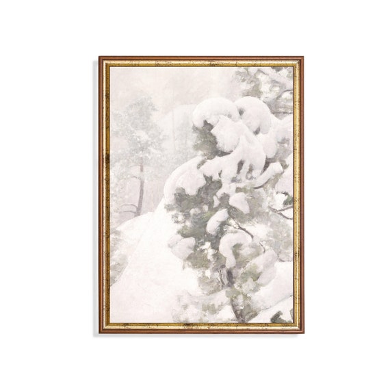 Vintage Snowy Landscape Art Print, Rustic Winter Scene