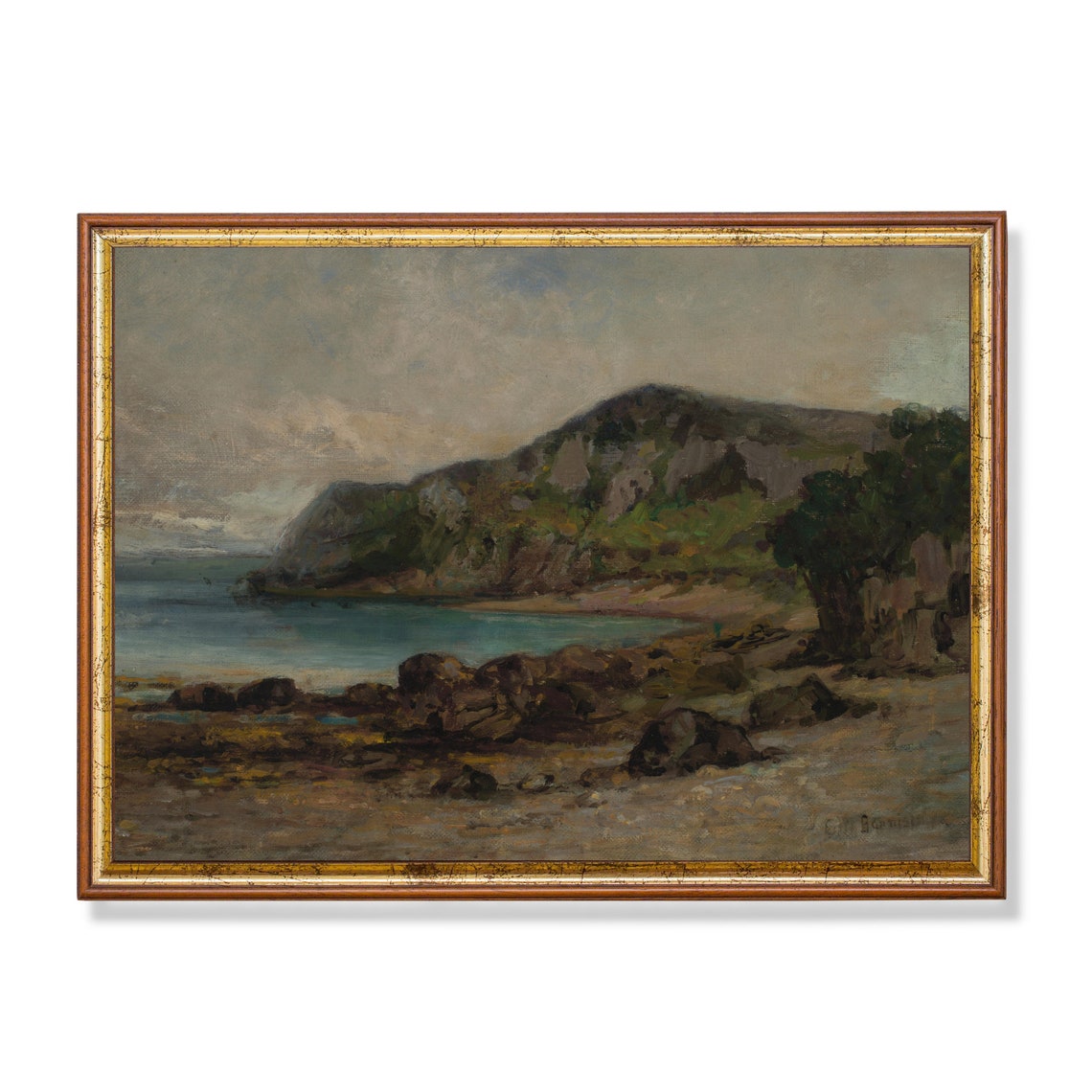 Rocky Coastal Cove with Turquoise Water Vintage Seascape Poster
