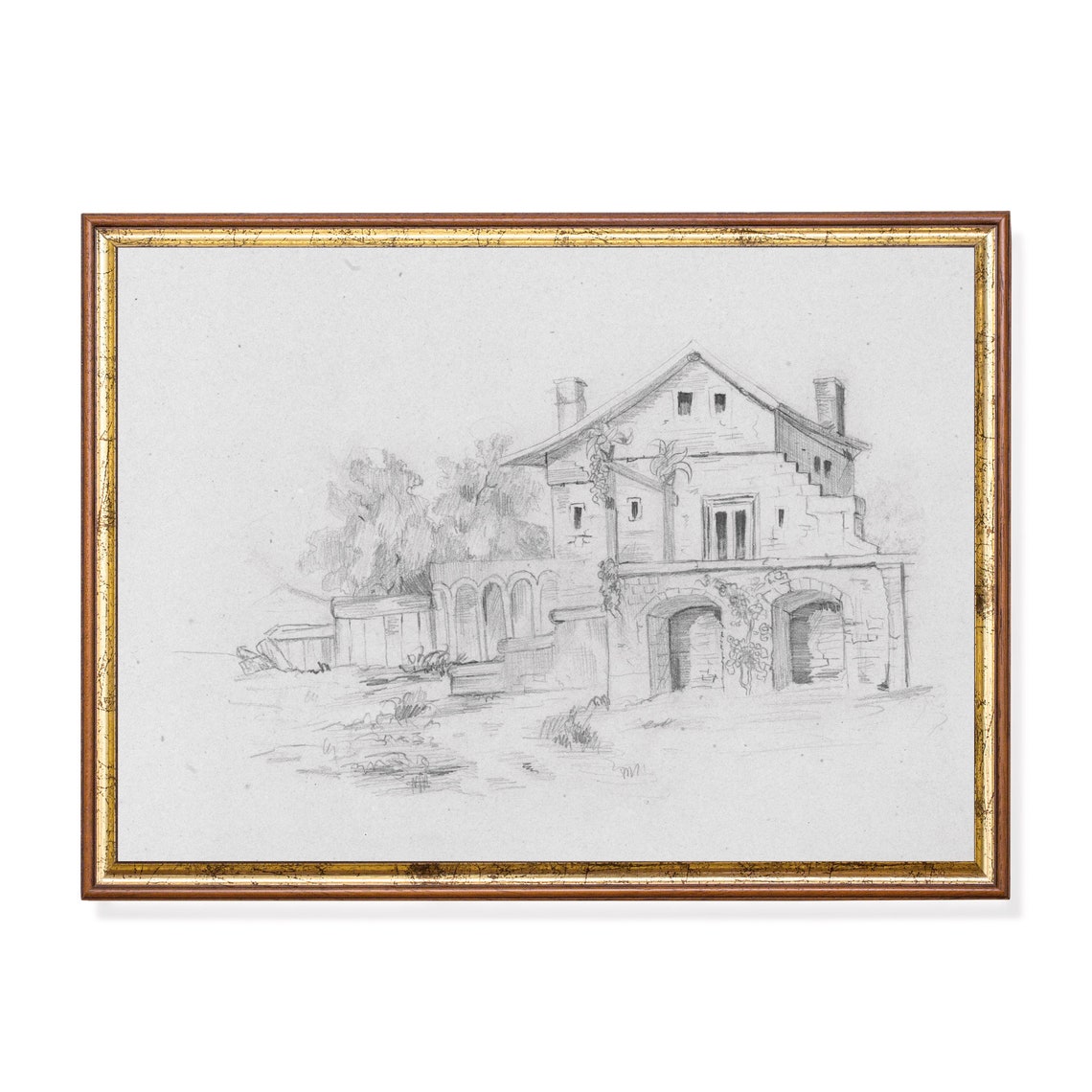 Old Stone Villa Pencil Sketch Vintage Architectural Drawing Poster
